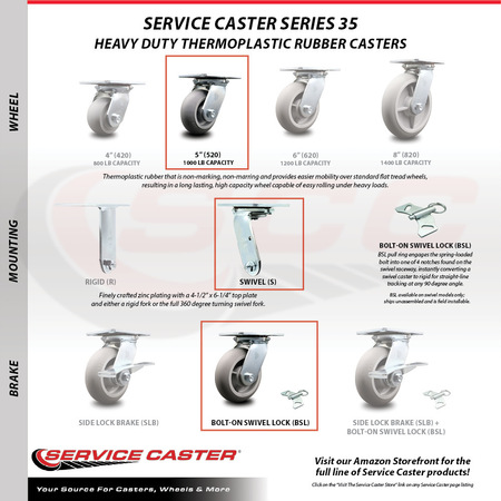 Service Caster 5 Inch Thermoplastic Rubber Swivel Caster Swivel Locks 2 Brakes SCC, 2PK SCC-35S520-TPRBD-BSL-2-SLB-2